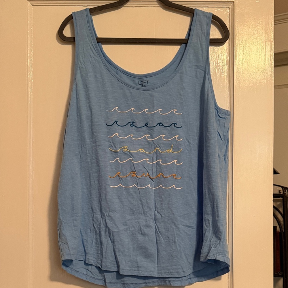 LOFT Light Blue Wave Embroidered Tank Top